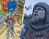Dwóch rycerzy w zbrojach: jeden z miniatury trzymający odciętą głowę, drugi współczesny, przypominający Jean de Carrouges.