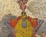 A satirical cartoon, one of many funny famous paintings, depicts a figure spewing coins and banknotes, his body a vault of gold, chained with "Public Credit.