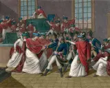 Napoleon Bonaparte im Zentrum, umgeben von Soldaten und Männern in roten Umhängen. Eine Szene des Staatsstreichs, die Machtübernahme wird dargestellt.