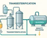 Schéma de transestérification montrant comment convertir du diesel en biodiesel à partir d'huile/graisse, de méthanol et d'un catalyseur.