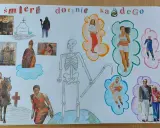 Szkielet z kosą, symbol danse macabre, otoczony ludźmi w różnym wieku i zawodach, od rycerza po sportowców i starszą parę.