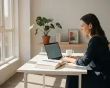 Kobieta pracuje przy laptopie, na ekranie schemat. Obok otwarta książka i kubek. Zastanawia się, studia podyplomowe co to?