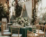 Tables dressées de vert profond, couleur du renouveau, ornées de roses blanches. Chaises dorées et lumières douces créent une ambiance festive.