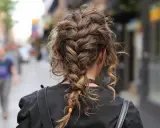 Eine halboffen hochsteckfrisur mit geflochtenen Strähnen und einzelnen locken, die lässig herabhängen.