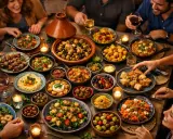 Un joyeux repas d'été entre amis, avec une table débordante de plats variés : brochettes, salades, tajine, houmous et fruits.