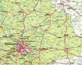 Mapa drogowa województwa warszawskiego z zaznaczonymi miastami i drogami.