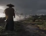 Samuraj w słomkowym kapeluszu stoi na poboczu drogi, obserwując pole bitwy z gry Ghost of Tsushima.