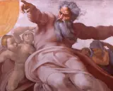 Potężny obraz Boga z siwą brodą, wskazujący palcem, otoczony przez anioły i postacie.