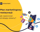 Plan marketingowy restauracji: jak zaplanować strategię reklamy? Grafika pokazuje telefon z głośnikiem, prezenty i ikony mediów społecznościowych.