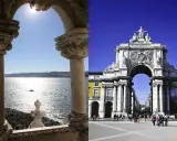 Zwei Ansichten von Lissabon: ein sonniger Blick auf das Meer durch einen steinernen Torbogen und der Triumphbogen Rua Augusta.
