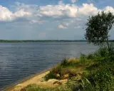 Szerokie jezioro z piaszczystym brzegiem i drzewem w oddali, pod zachmurzonym niebem.