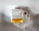 Dłoń w rękawiczce trzyma pojemnik z żółtym płynem, badanie na obecność urobilinogen w moczu.