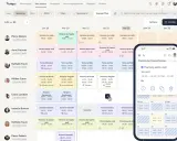 Un planificateur d'application affiche un calendrier hebdomadaire avec des horaires pour plusieurs employés. Une vue mobile montre un planning détaillé.