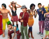 Grupa postaci z gry Sims 4, w tym kobiety w czerwonej sukni i w stroju kowbojki, mężczyźni o wyrzeźbionych ciałach, w marynarkach i z irokezem. Wszyscy wyglądają jakby byli stworzeni przez graczy, którzy lubią simsy 4 mody.