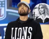 Eminem jako muzyk, w czarnej bluzie z kapturem z napisem "LIONS", obok okrągłego zdjęcia kobiety.