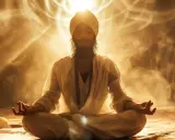 Man i turban sitter i lotusställning, omgiven av gyllene ljus och rök. Hans ögon är slutna, händerna i meditation. En känsla av kundalini energi strålar ut.