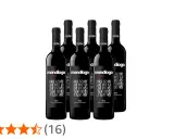 Seis botellas de vino tinto Monólogo Crianza. Las etiquetas muestran "Para gente que dice lo que piensa y piensa lo que dice". Opiniones positivas.