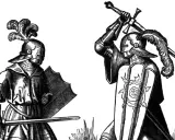 Zwei page ritter in voller Rüstung mit Federschmuck auf den Helmen und Schwertern in den Händen, bereit zum Kampf.