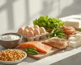 Zdrowe produkty bogate w białko: łosoś, kurczak, jajka, jogurt, ciecierzyca, fasolka, ser. Kluczowe składniki dla diety zapobiegającej sarkopenii.