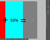 Rosso e ciano, **colori complementari**, uniti al 50% creano un grigio neutro, come mostrato nell'interfaccia di un software di editing.