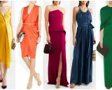Cinque abiti da donna con un perfetto abbinamento colori: giallo ocra, arancione corallo, fucsia, blu notte e verde smeraldo.