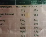 Tabela wartości odżywczych mąki kokosowej: 413 kcal w 100g, 41 kcal w porcji. Zawiera błonnik, białko i węglowodany.