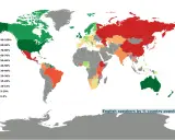 Mapa świata pokazująca odsetek osób mówiących po angielsku w każdym kraju. Zielony oznacza wysoki odsetek, czerwony niski.