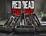 Mężczyzna stoi obok otwartych trumien z ciałami. To scena z gry Red Dead Online.
