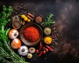 Zioła, cebule, czosnek, papryczki chili, przyprawy w miseczkach i ziarna pieprzu. Idealne składniki, gdy szukasz co zamiast bazylii.