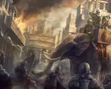 Römische Soldaten kämpfen gegen Elefanten im 3. punischen Krieg. Gebäude brennen, Rauch steigt auf.