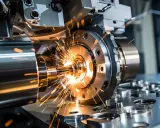 Un operatore CNC svizzero lavora con precisione su una macchina che produce scintille luminose.