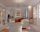 Eleganckie mieszkanie w stylu francuskim z kryształowymi żyrandolami, kominkiem i wygodnymi sofami.