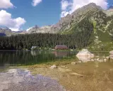 Spokojne Popradske Pleso odbija góry i las. Kamienie w płytkiej wodzie tworzą ścieżkę.