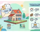 Calcul de la taxe d'aménagement : surface taxable x valeur forfaitaire x taux local = montant de la taxe. Une enveloppe fiscale et une maison illustrent le calcul de la taxe abri de jardin.