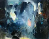 Abstract painting with dark blues, blacks, and hints of orange and yellow. The brushstrokes create a sense of depth and movement, evoking a feeling of a mystical landscape, perhaps a scene from Chu Teh-Chun's imagination.
