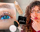 Un œil avec des cils recourbés, des produits de beauté Maison Regard, dont un pour le rehaussement cils, et une femme songeuse.