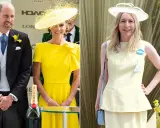 A couple in yellow, adhering to the royal ascot dress code, pose with a bottle of champagne.