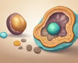 Ilustracja przedstawia przekrój przez komórkę, sugerując przyczyny kamicy nerkowej. Wokół znajdują się małe kamyczki.