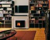 Salon cosy avec cheminée et insert à pellets silencieux, entouré d'étagères remplies de livres.
