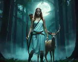 Artemis, die Göttin der Jagd, steht mit Bogen und Pfeilen im Mondlicht im Wald, ein Hirsch an ihrer Seite.