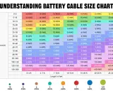 Tabelle zeigt Kabelgrößen (AWG) für verschiedene Stromstärken und Längen. 12 AWG ist für 0-5A bei 0-4ft Länge geeignet.