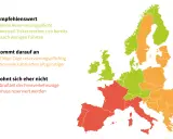 Europakarte zeigt, wo sich eine Europareise mit dem Zug lohnt. Grün: Empfehlenswert, keine Reservierung. Orange: Kommt darauf an. Rot: Eher nicht, viele Reservierungen nötig.