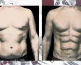 Vorher-Nachher-Vergleich: Bauchmuskeltraining bis man was sieht. Links ein weicher Bauch, rechts ein definierter Sixpack.