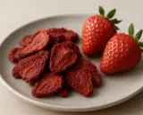 Assiette de fraises séchées et de fraises fraîches. Avis sur les fraisiers en gouttières.