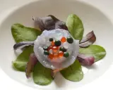 Piatto elegante con meduse commestibili trasparenti, guarnite con sfere arancioni e verdi, su un letto di foglie verdi e rosse.