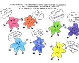 Disegno di stelle colorate che litigano, con fumetti che esprimono vanità. Un esempio di testi sull'amicizia scuola primaria.