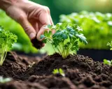 Main d'un jardinier ajoutant de la terre autour d'un jeune plant de persil, prêt à planter du persil en pleine terre.