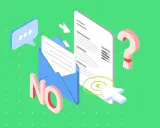 Grafika z kopertą, dokumentem, znakiem zapytania i napisem "NO".