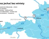 Mapa pokazuje trasy bez winiety w Austrii, w tym tunele i autostrady w okolicach Salzburga i Innsbrucka.