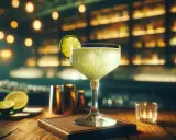 Orzeźwiający gimlet drink z plasterkiem limonki, podany w eleganckim kieliszku na tle rozmytego baru.